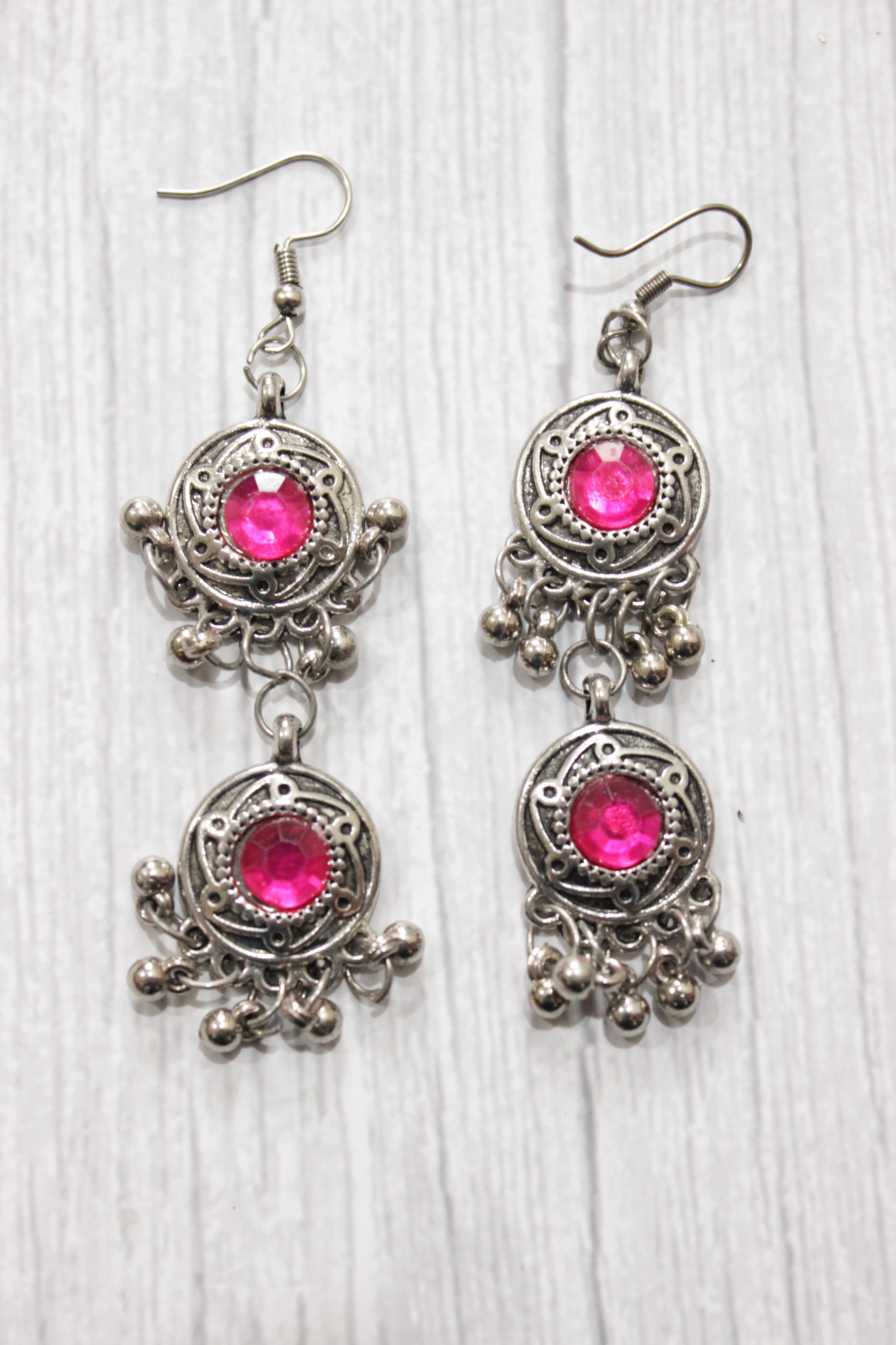 3 Layer Pink Stones Oxidised Silver Necklace Set with Thread Closure