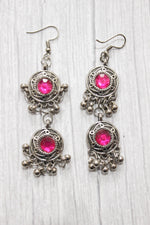 Load image into Gallery viewer, 3 Layer Pink Stones Oxidised Silver Necklace Set with Thread Closure
