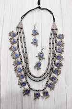 Load image into Gallery viewer, 3 Layer Blue Stones Oxidised Silver Necklace Set with Thread Closure

