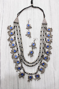3 Layer Blue Stones Oxidised Silver Necklace Set with Thread Closure