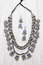 Load image into Gallery viewer, 3 Layer Blue Stones Oxidised Silver Necklace Set with Thread Closure
