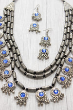 Load image into Gallery viewer, 3 Layer Blue Stones Oxidised Silver Necklace Set with Thread Closure
