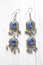 Load image into Gallery viewer, 3 Layer Blue Stones Oxidised Silver Necklace Set with Thread Closure

