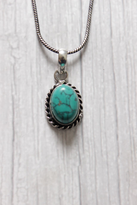 Set of 2 - Turquoise Natural Stone Embedded Necklace Set in Silver Finish with Ring