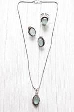 Load image into Gallery viewer, Set of 2 - Sea Blue Transparent Natural Stone Embedded Necklace Set in Silver Finish with Ring

