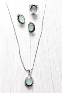 Set of 2 - Sea Blue Transparent Natural Stone Embedded Necklace Set in Silver Finish with Ring