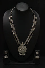 Elaborately Detailed Ganesha Pendant Long Necklace Set with Jhumka Earrings