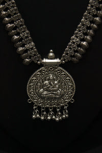 Elaborately Detailed Ganesha Pendant Long Necklace Set with Jhumka Earrings