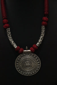 Hasli Style Thread Closure Choker Necklace Set with Statement Circular Metal Pendant