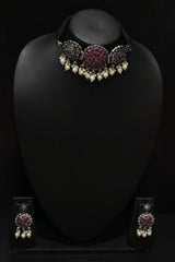Vibrant Festive Choker Necklace Set with Fuchsia Glass Beads and Thread Closure