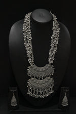 Load image into Gallery viewer, 2 Layer Pendant Ghungroo Beads Embellished Oxidised Finish Elaborate Metal Necklace Set
