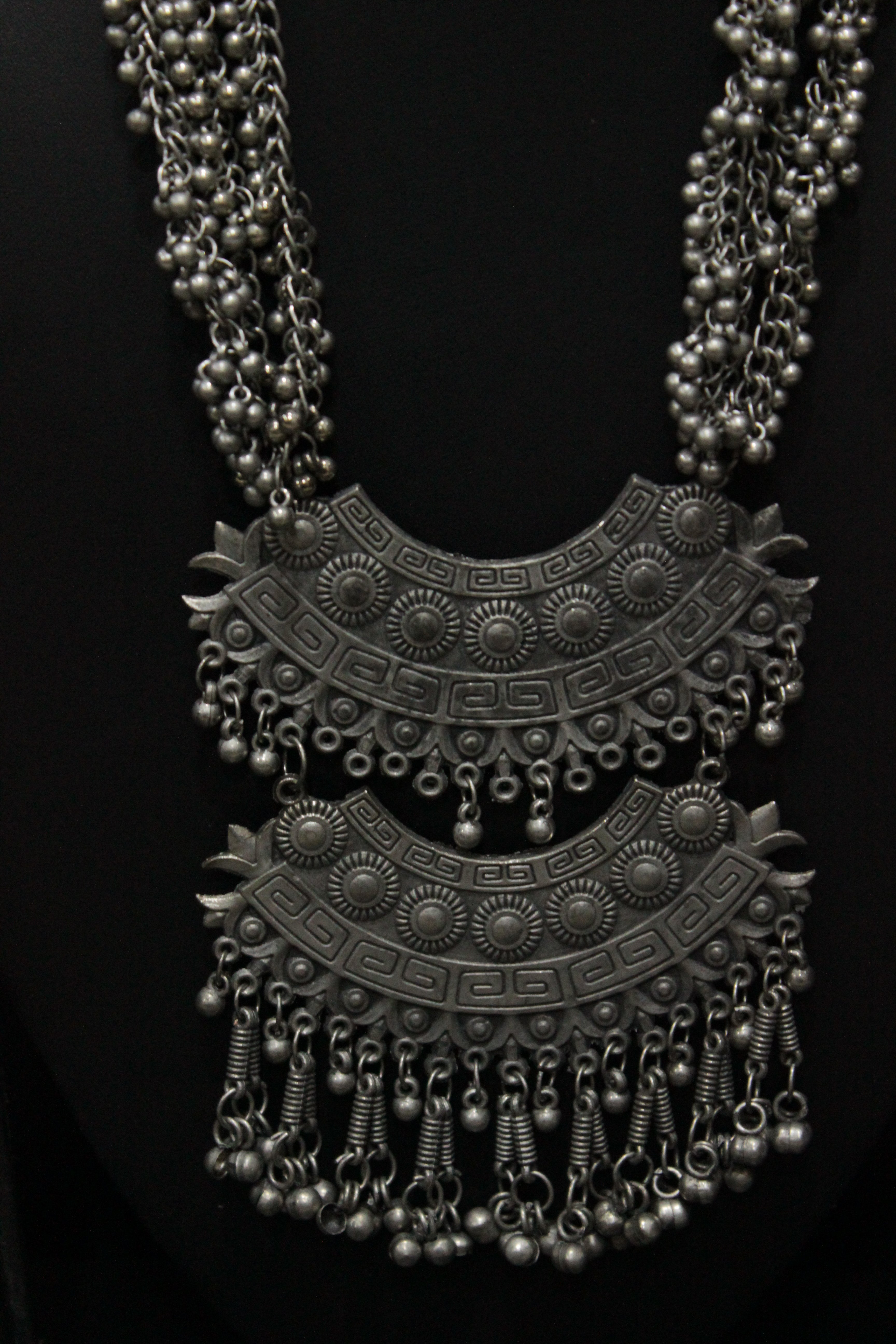 2 Layer Pendant Ghungroo Beads Embellished Oxidised Finish Elaborate Metal Necklace Set