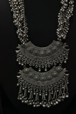 Load image into Gallery viewer, 2 Layer Pendant Ghungroo Beads Embellished Oxidised Finish Elaborate Metal Necklace Set

