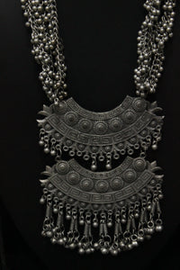 2 Layer Pendant Ghungroo Beads Embellished Oxidised Finish Elaborate Metal Necklace Set