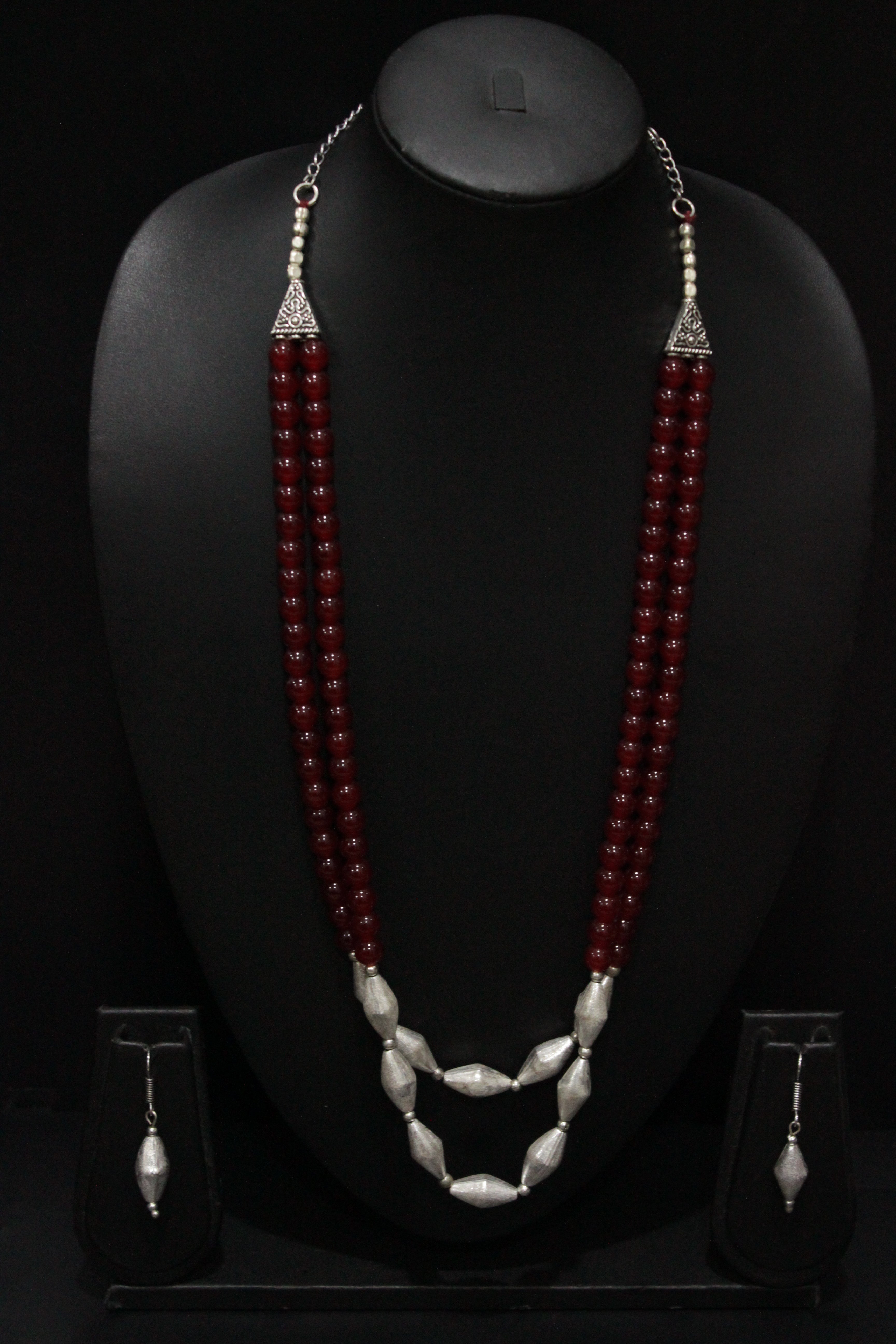 Red Glass Beads and Dholki Beads Long Necklace Set