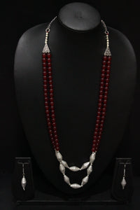 Red Glass Beads and Dholki Beads Long Necklace Set