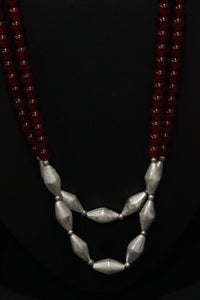 Red Glass Beads and Dholki Beads Long Necklace Set