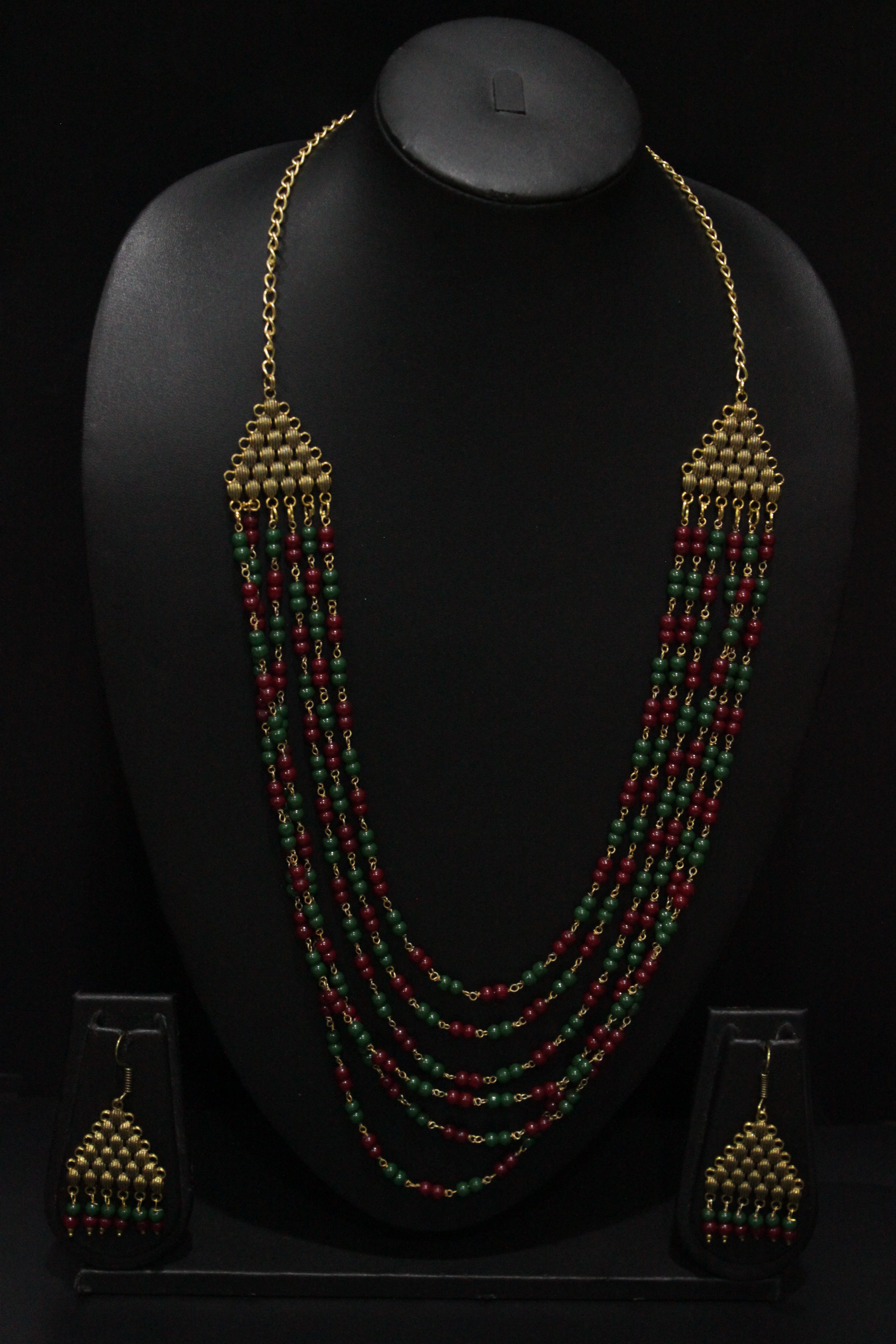 Multi-Layer Green & Cherry Red Gold Finish Necklace Set