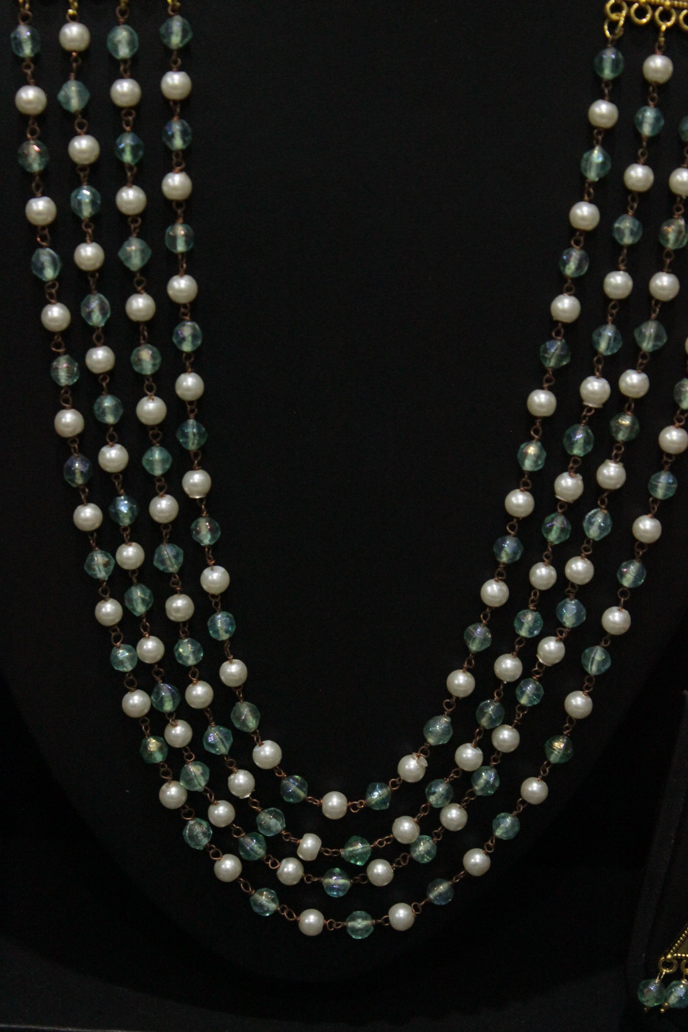 Multi-Layer Blue & White Beads Braided Gold Finish Necklace Set