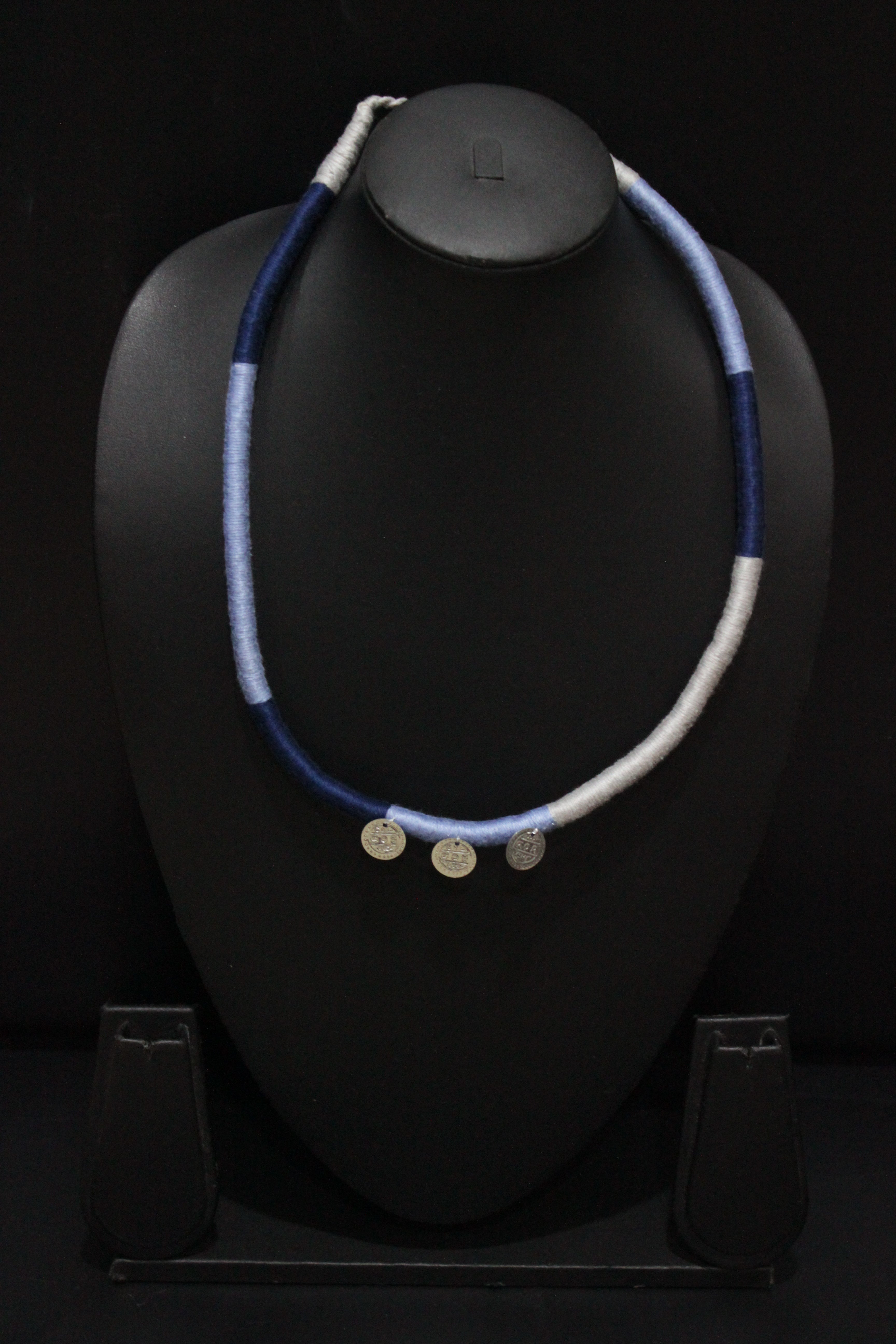 Elegant Minimalist Handcrafted Shades of Blue Choker with Stamped Coins