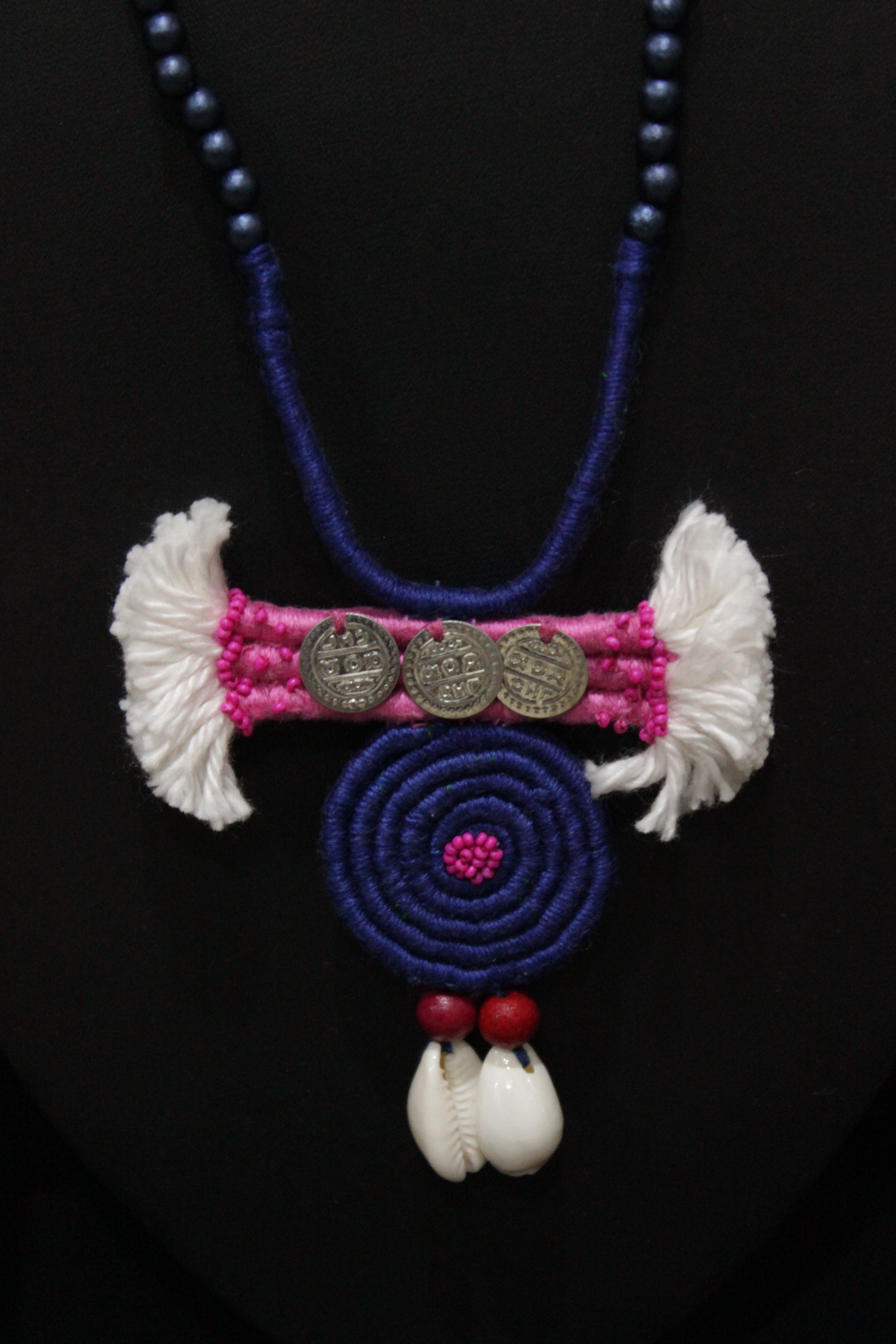 Elegant Handcrafted Fabric & Rope Necklace Embellished with Glass Beads and Shells