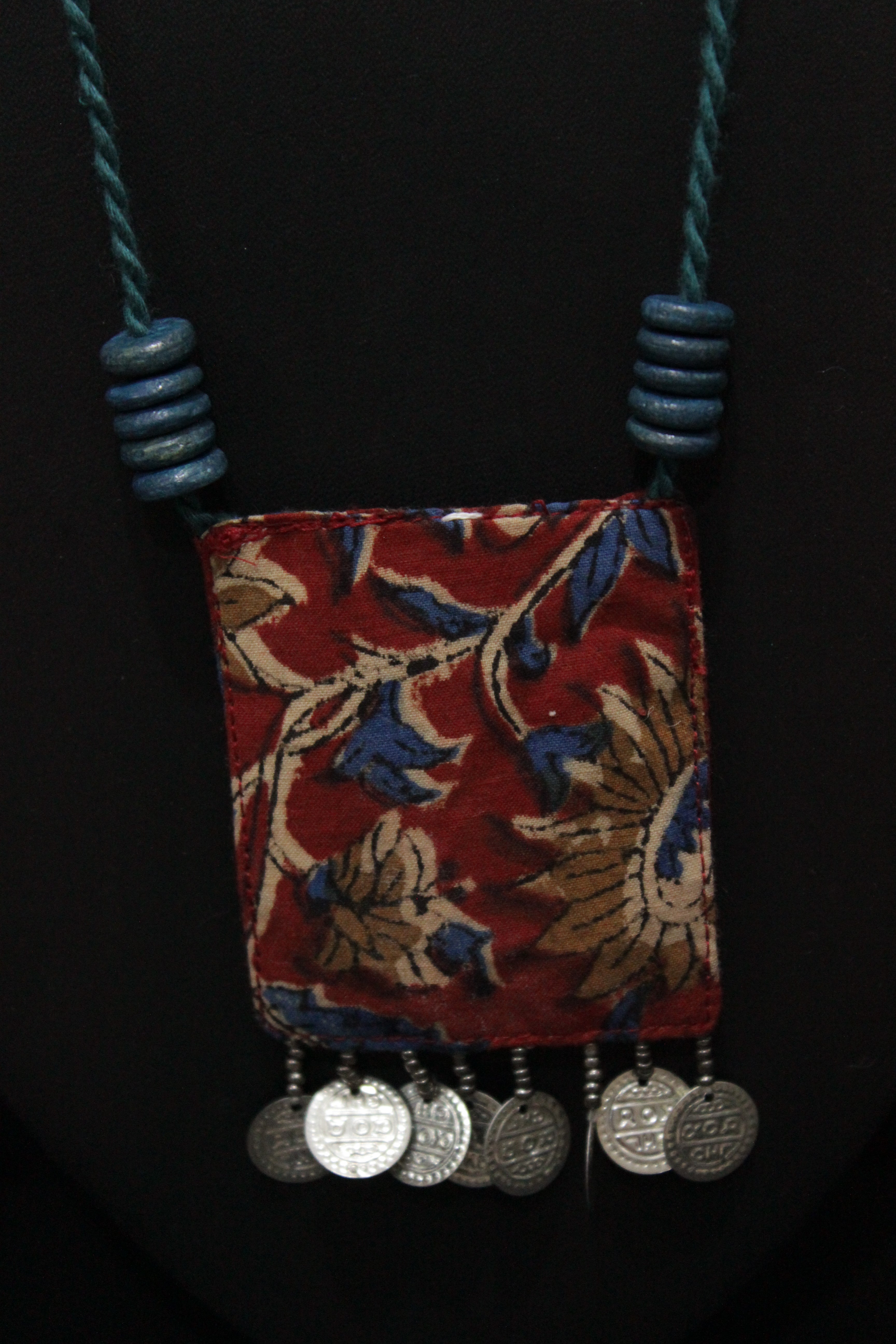 Kantha Work Kalamkari Fabric Handcrafted Necklace Embellished with Stamped Coins