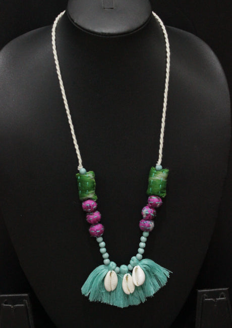 Handcrafted Kantha Work Multi-Color Fabric Necklace Embellished with Shells