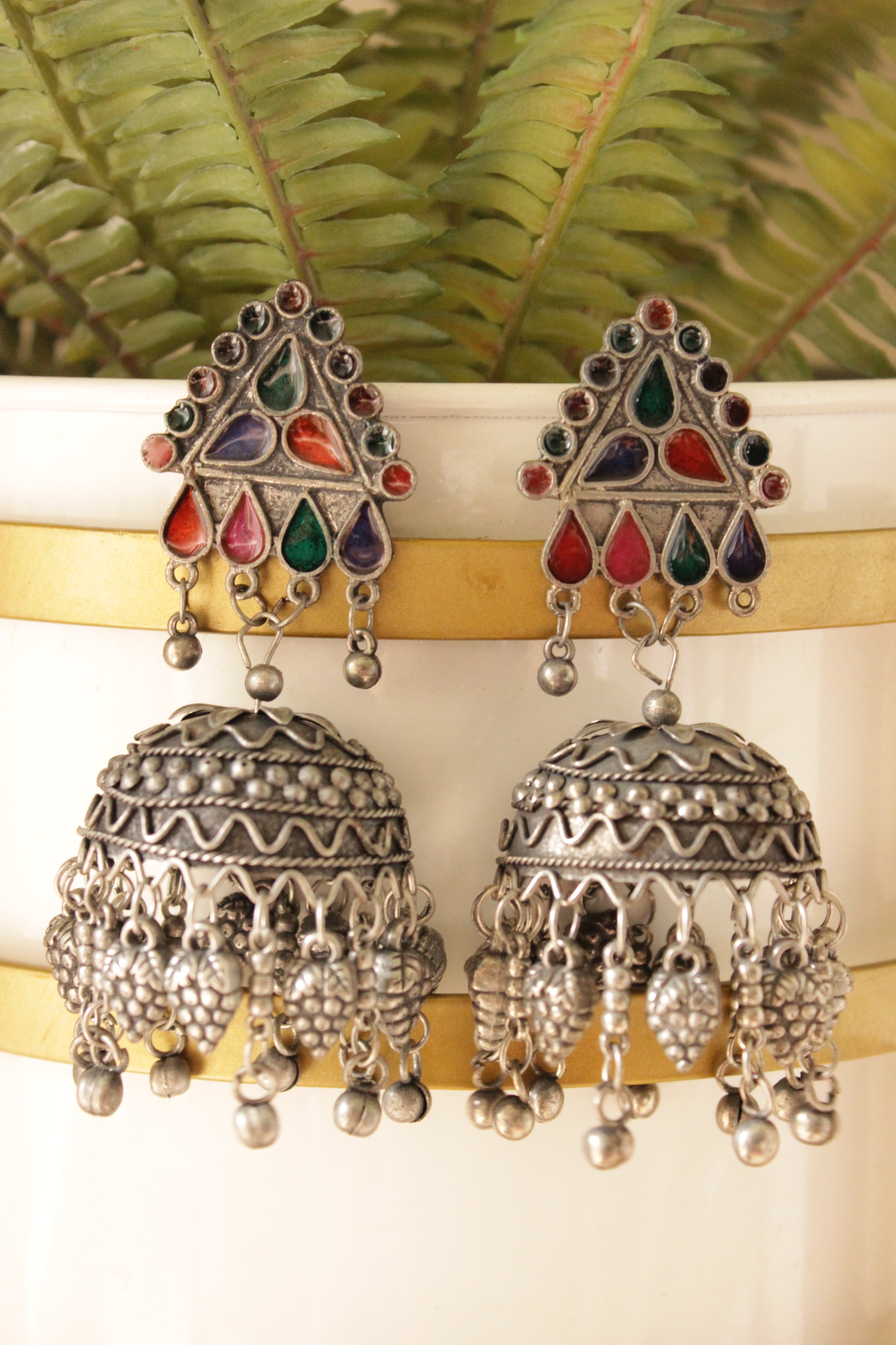 Multi-Color Rhinestones Embedded Oxidised Finish Statement Long Afghani Jhumka Earrings