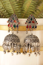 Load image into Gallery viewer, Multi-Color Rhinestones Embedded Oxidised Finish Statement Long Afghani Jhumka Earrings
