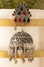 Load image into Gallery viewer, Multi-Color Rhinestones Embedded Oxidised Finish Statement Long Afghani Jhumka Earrings
