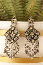 Load image into Gallery viewer, White Rhinestones Embedded Oxidised Finish Statement Long Dangler Earrings
