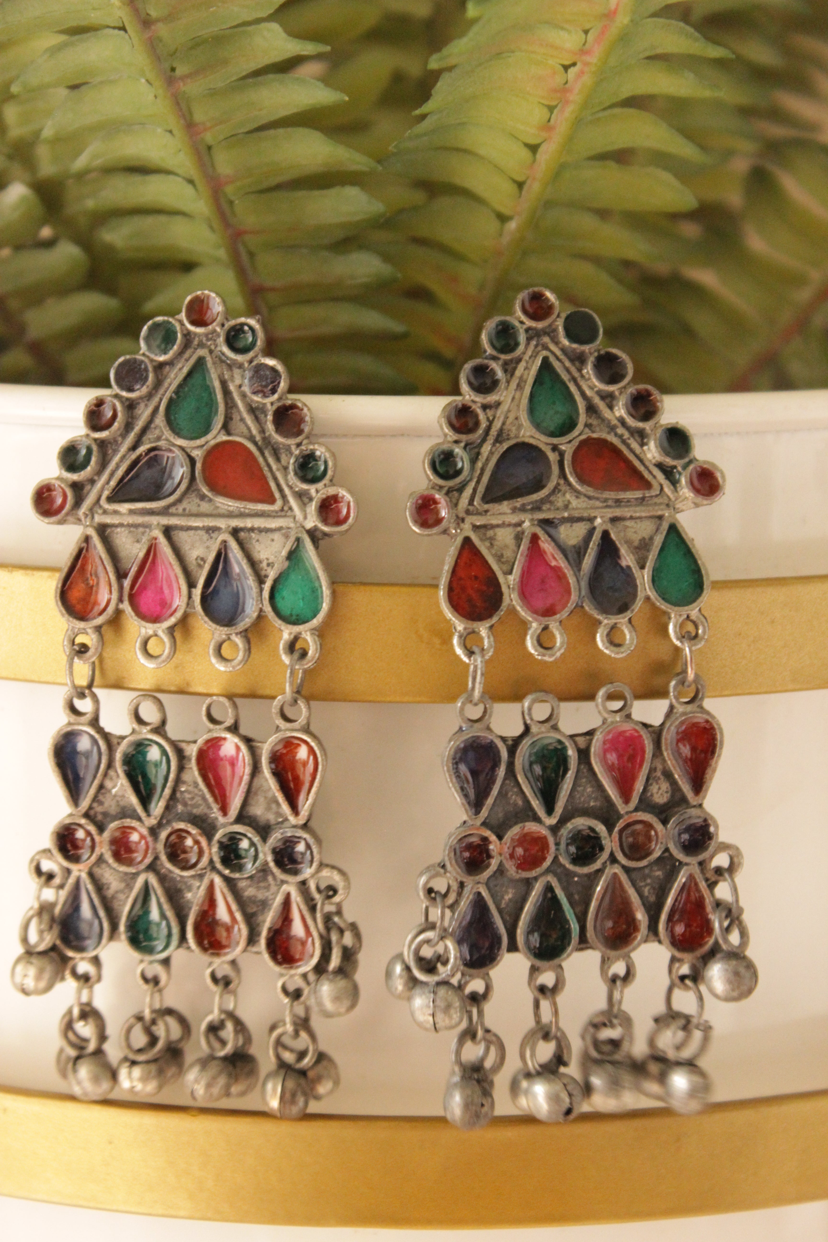 Multi-Color Rhinestones Embedded Oxidised Finish Statement Long Afghani Earrings