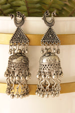 Load image into Gallery viewer, Peacock Motif Oxidised Finish Long Dangler Jhumka Earrings
