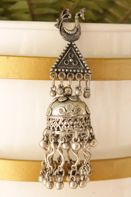 Peacock Motif Oxidised Finish Long Dangler Jhumka Earrings