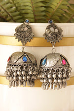 Load image into Gallery viewer, Pink &amp; Blue Glass Stones Embedded Oxidised Finish Long Dangler Jhumka Earrings

