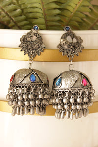 Pink & Blue Glass Stones Embedded Oxidised Finish Long Dangler Jhumka Earrings