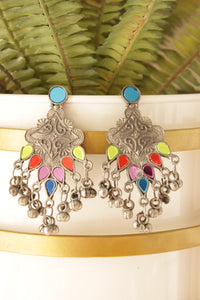 Multi-Color Glass Stones Embedded Oxidised Finish Afghani Earrings