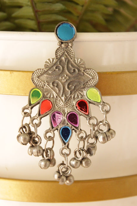 Multi-Color Glass Stones Embedded Oxidised Finish Afghani Earrings