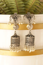 Load image into Gallery viewer, Lantern Shape Oxidised Finish Statement Long Dangler Earrings Accentuated with White Beads
