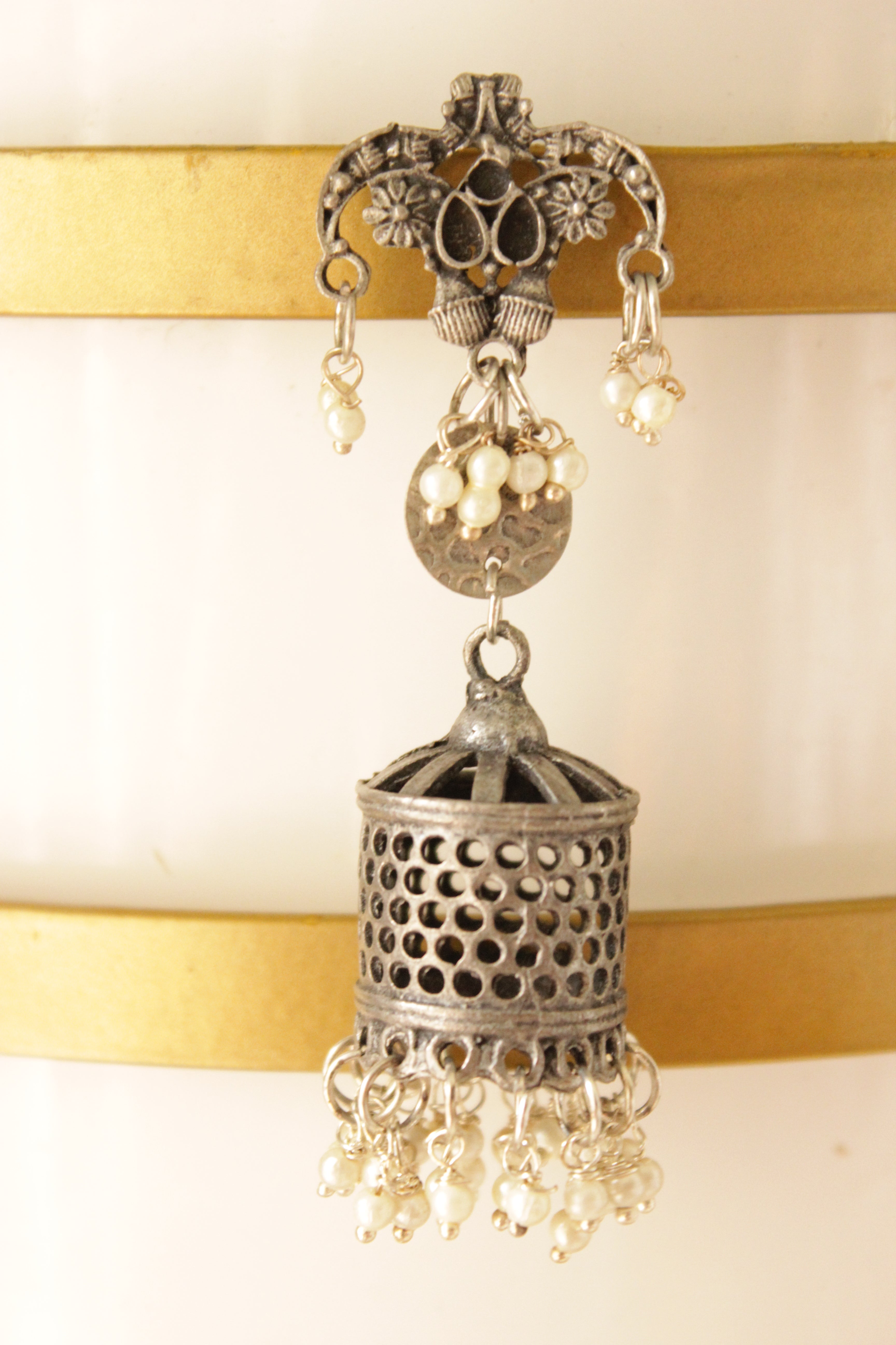 Lantern Shape Oxidised Finish Statement Long Dangler Earrings Accentuated with White Beads