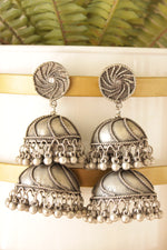 Load image into Gallery viewer, 2 Layer Statement Long Oxidised Finish Jhumka Earrings

