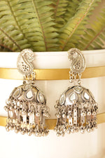 Load image into Gallery viewer, Peacock Motif Mirror Work jhumka Earrings
