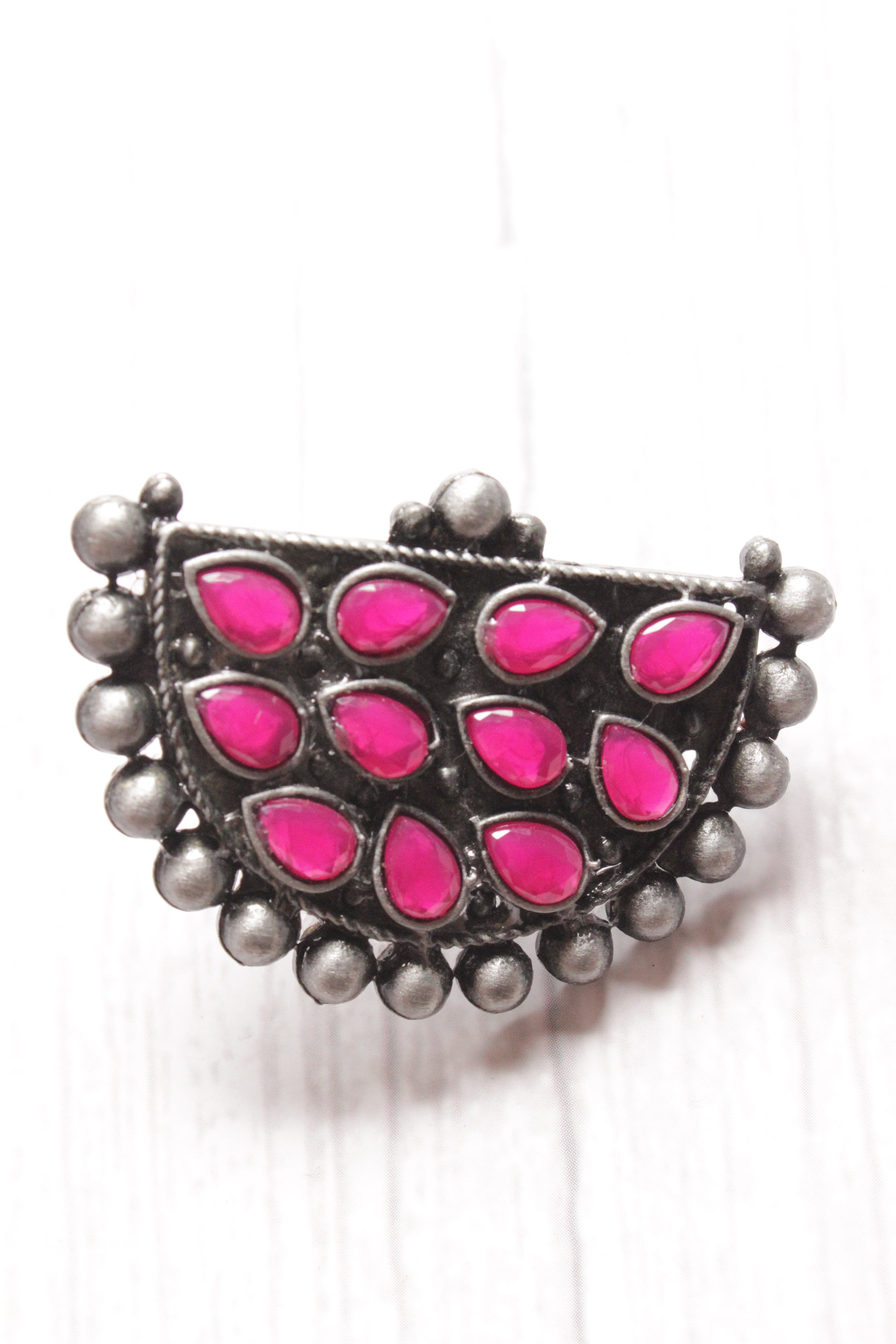 Half Moon Shape Fuchsia Glass Stones Embedded Oxidised Finish Stud Earrings