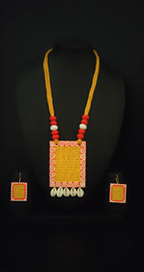 Fabric Necklace Set with Shell Work and Thread Closure
