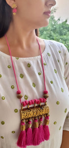 Pink Thread Closure Fabric Beads Antique Gold Finish Necklace Set with Peacock Detailing