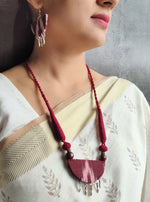 Load image into Gallery viewer, Maroon Ikat Fabric Necklace Set with Wooden Beads and Metal Charms
