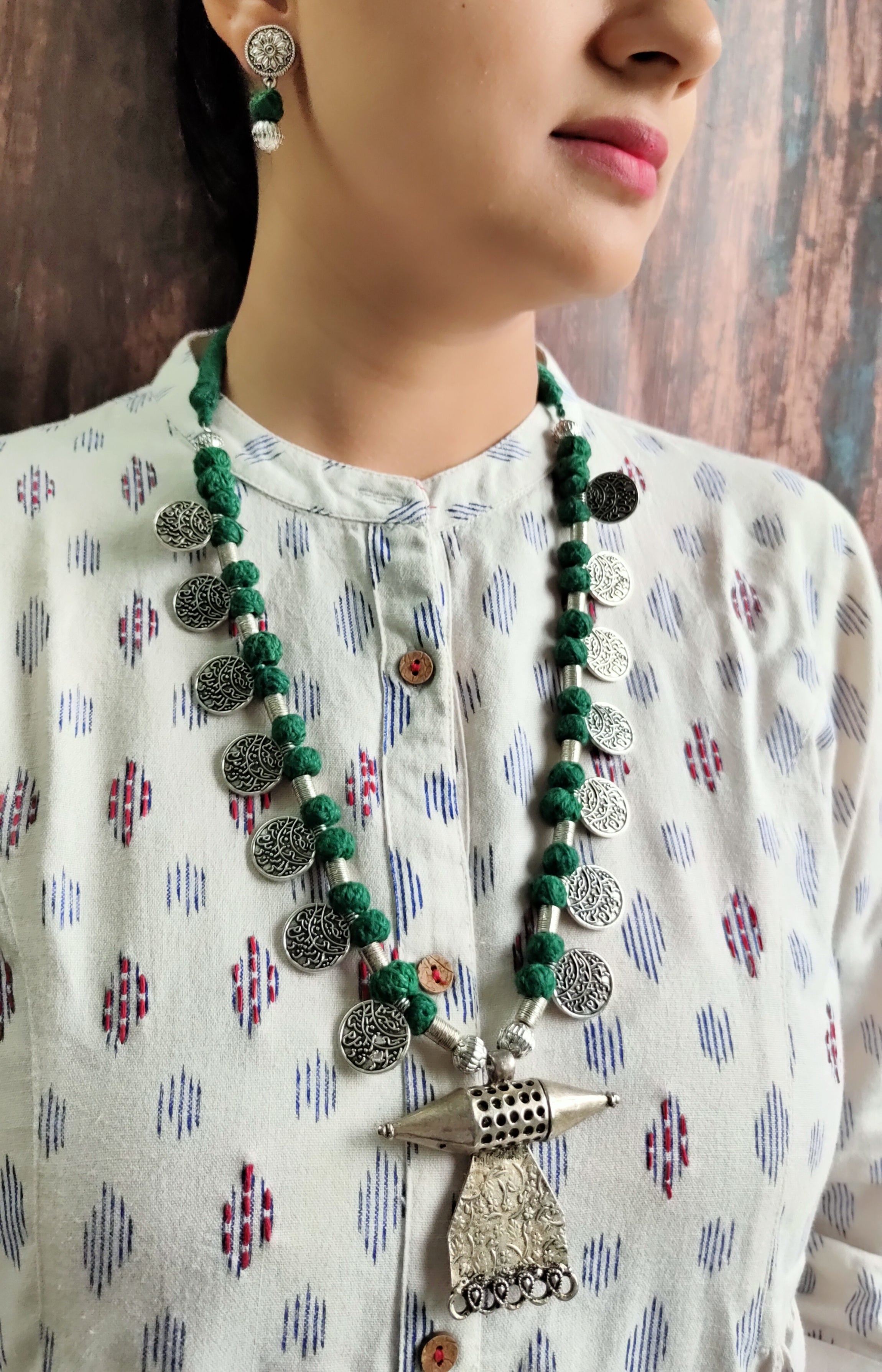 Fabric Beads and Coins Necklace Set with Warrior Metal Pendant