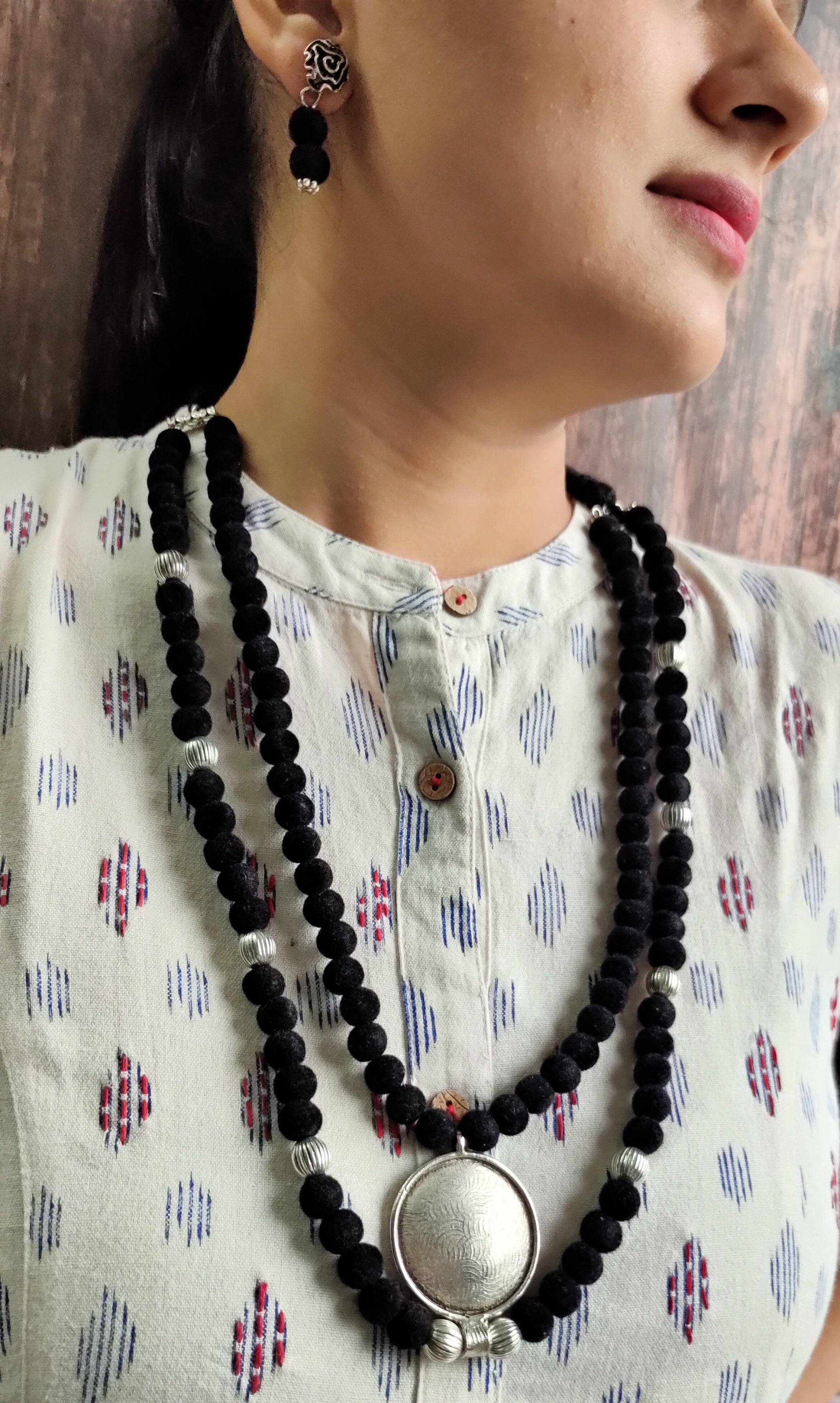 2 Layer Necklace Set with Fabric Beads and Metal Pendant