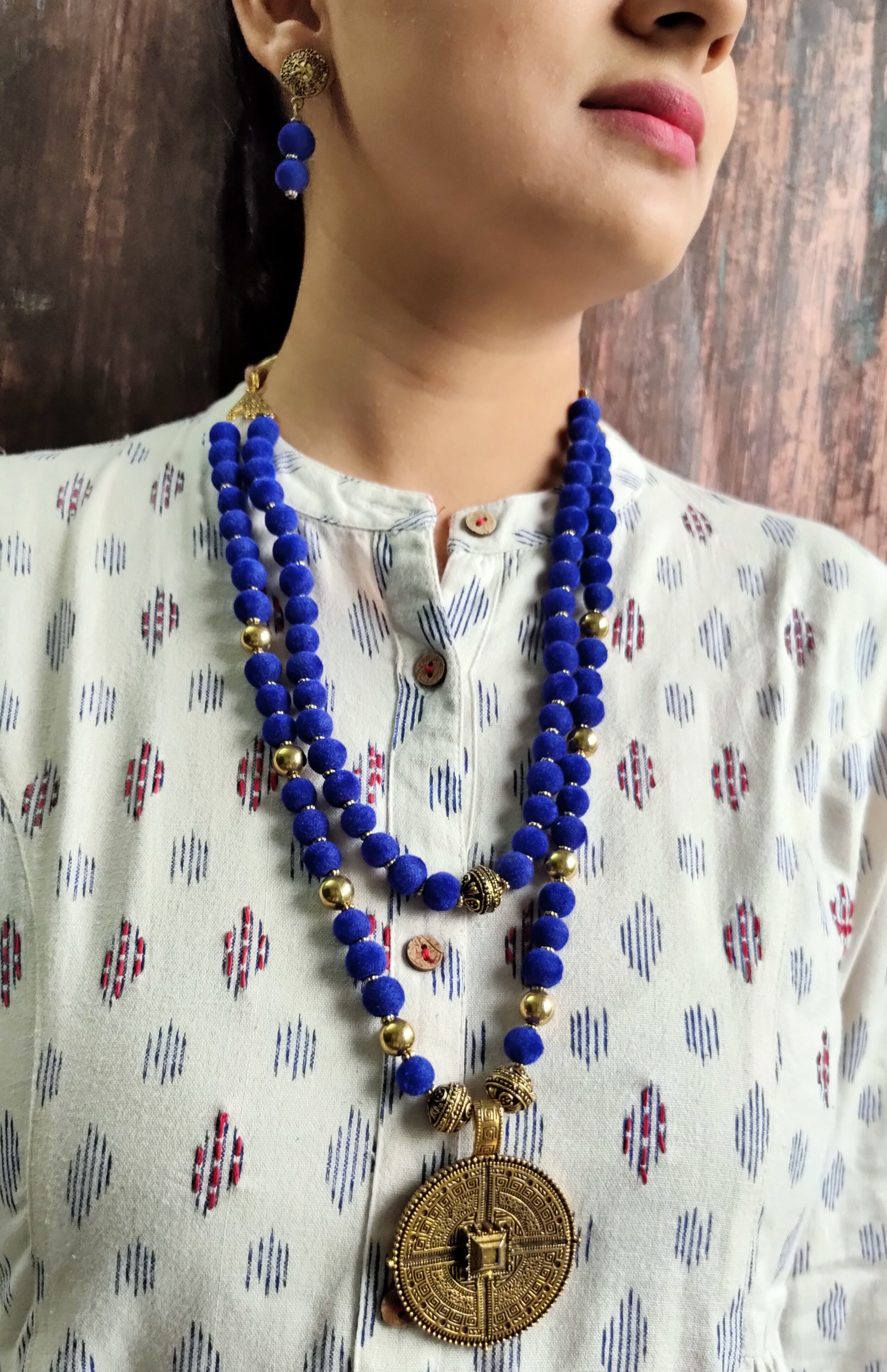 2 Layer Blue Fabric Beads Necklace Set with Antique Gold Finish Metal Pendant