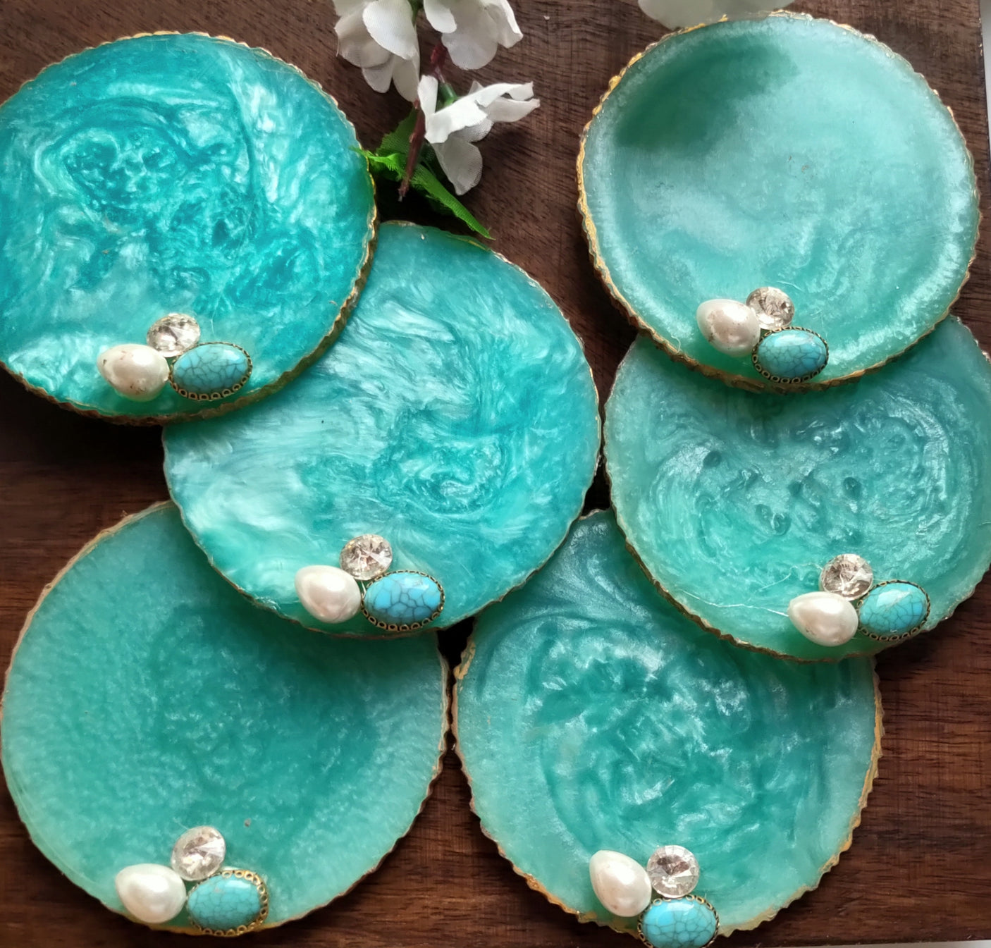 Sky Blue Coasters with Gold Detailing and Stones (Set of 6)